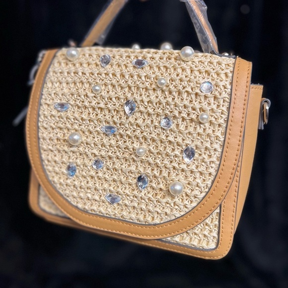 🤎STEVE MADDEN Elegant Saddle Bmelodie-Straw Pearl-Embellished Handbag🤎NWT - Picture 15 of 17